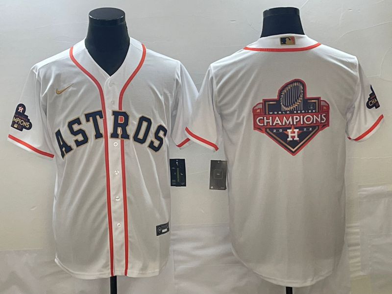 Men's Houston Astros White 2023 Gold Collection With World Serise Champions Patch Team Big Logo Cool Base Stitched Baseball Jersey